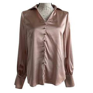 SHEIN Retro Satin V-Neck Faux Button-Down Blouse Top Blush Womens Size M|6
